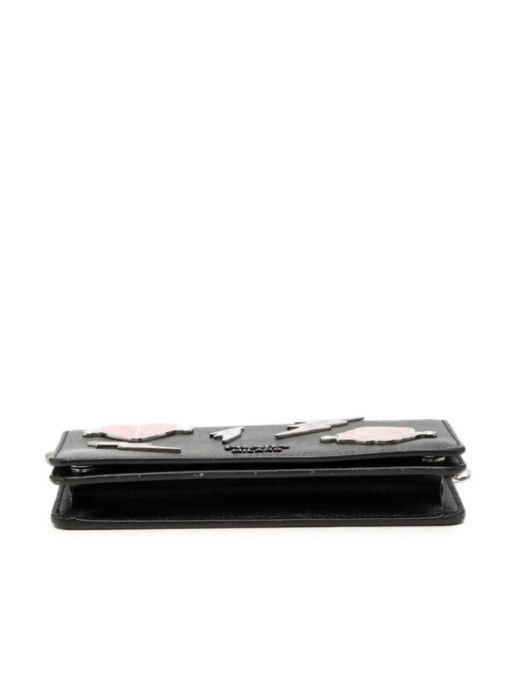 Prada Rose Heart Chain Wallet Shoulder Bag Black Silver Saffiano Leather